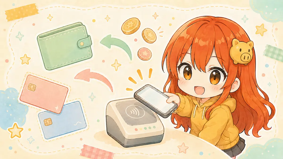 スマートフォンでキャッシュレス決済をするフィアちゃん