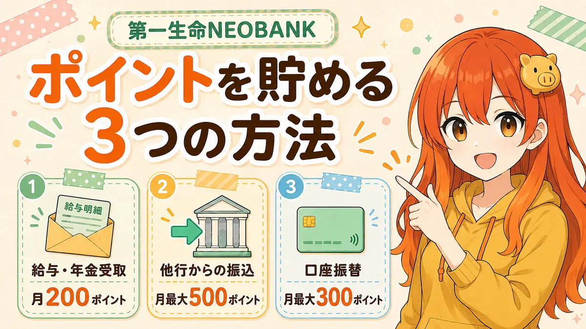 第一生命NEOBANKで給与・年金受取、他行からの振込、口座振替によりポイントを貯める3つの方法