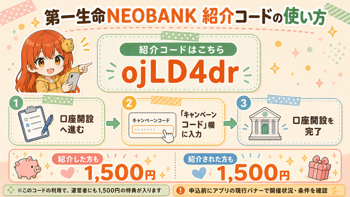 第一生命NEOBANKの紹介コードojLD4drを使って口座開設し、双方が1,500円の特典を受け取る流れ