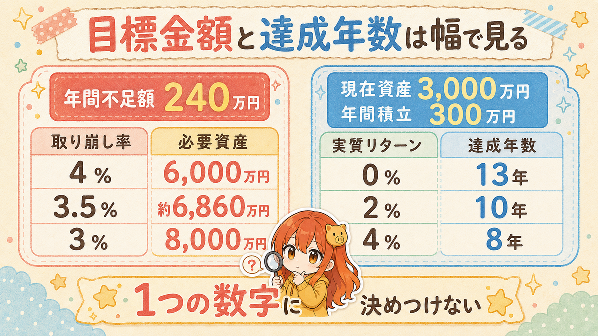 取り崩し率3％・3.5％・4％の必要資産と、実質リターン0％・2％・4％の達成年数を比較した図