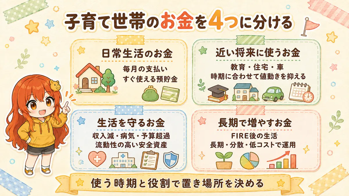 子育て世帯のお金を日常生活、近い将来、生活防衛、長期運用の4つに分ける図