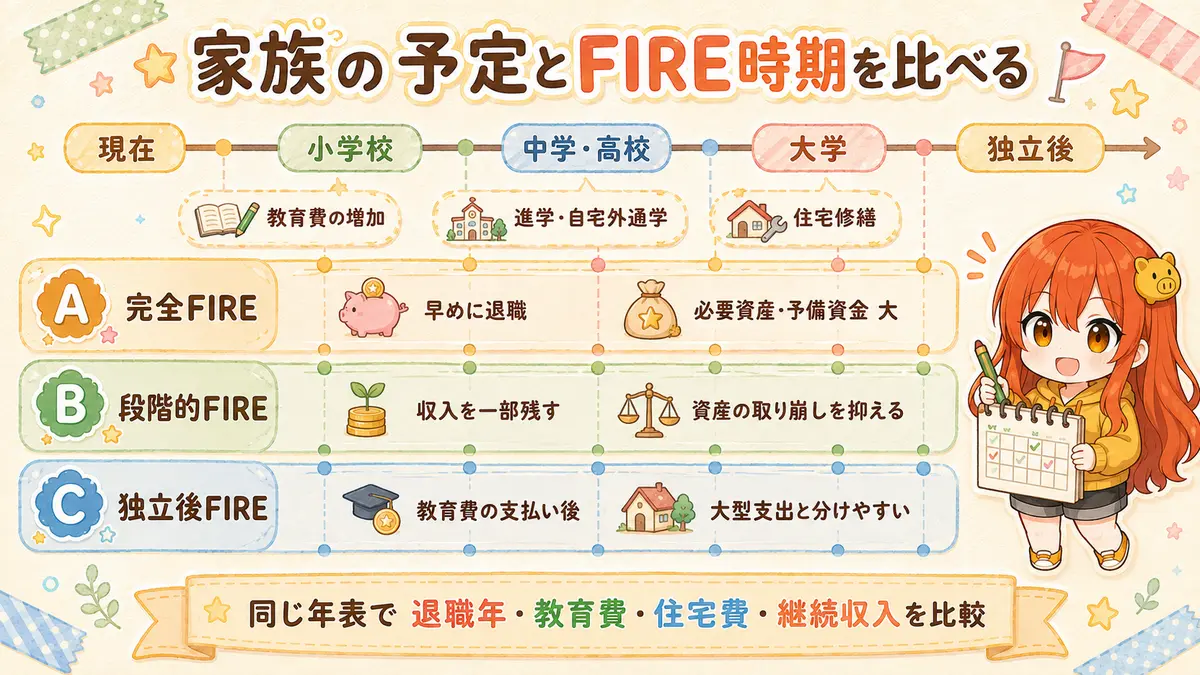 子どもの成長と教育費・住宅費に対して完全FIRE、段階的FIRE、子どもの独立後を比べる年表
