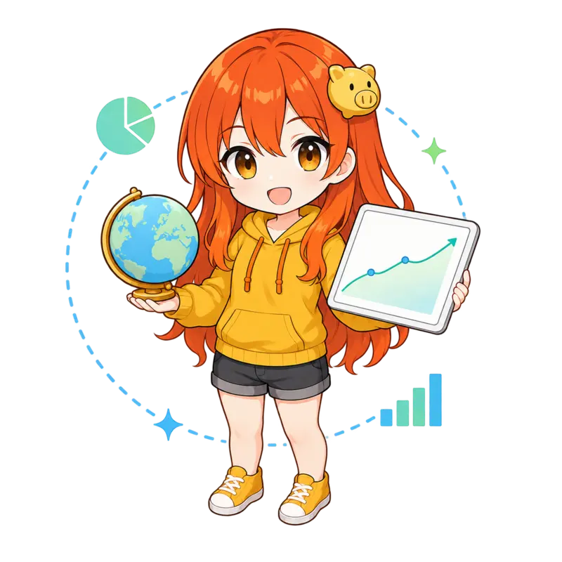 地球と成長グラフでインデックス投資を表すフィアちゃん