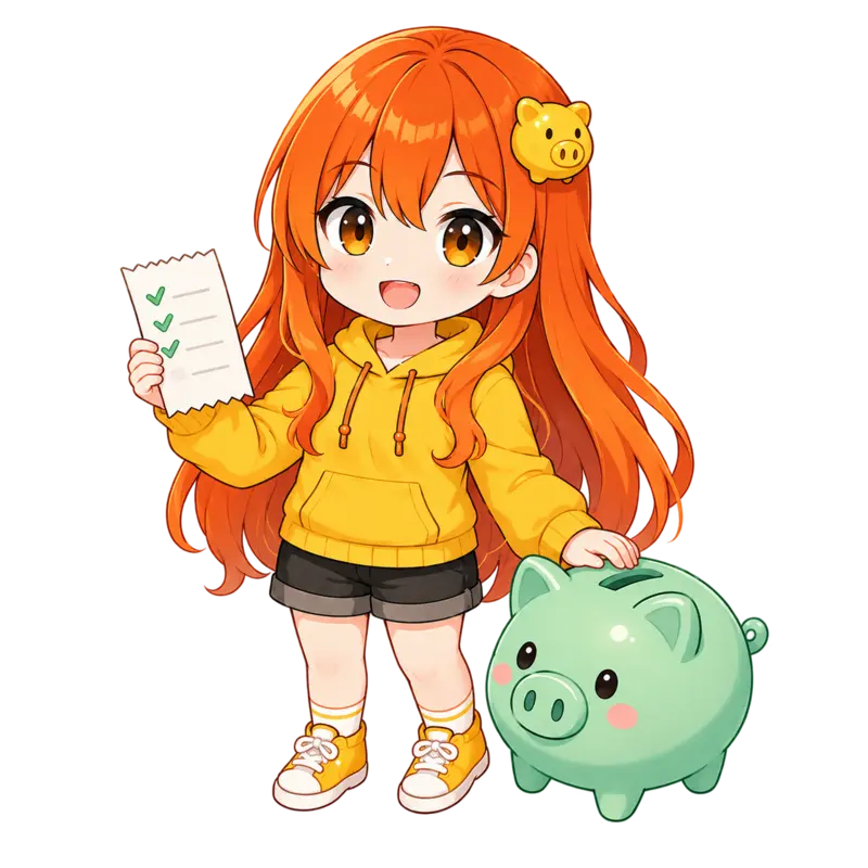 レシートと貯金箱で節約を考えるフィアちゃん