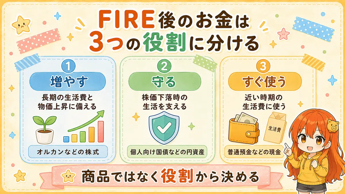 FIRE後のお金を増やす株式、守る円資産、すぐ使う現金の3つの役割に分けた図