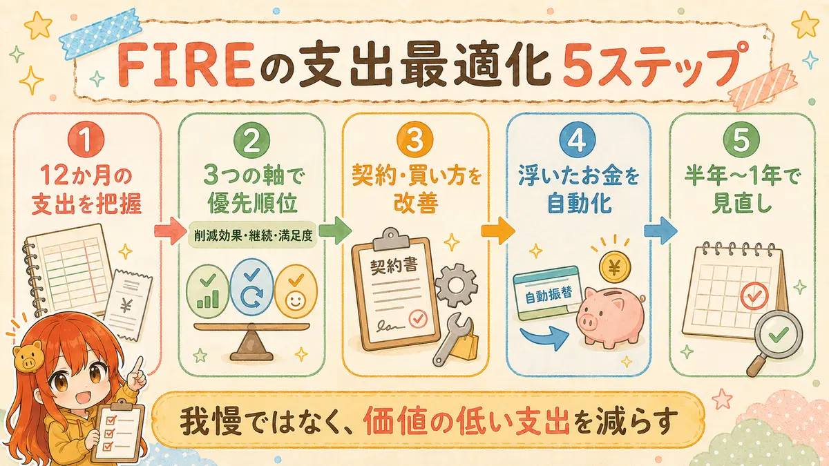 FIREの支出最適化を、支出把握、優先順位、改善、自動化、定期見直しの5段階で示した図