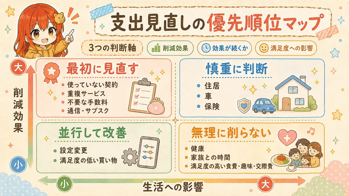削減効果と生活への影響の大きさから、支出を見直す優先順位を4区分で整理した図