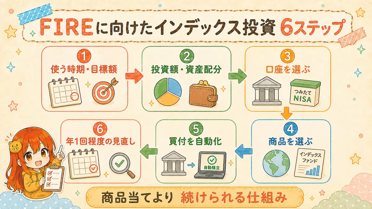 FIREに向けたインデックス投資を目標額、資産配分、口座、商品、自動化、見直しの6ステップで示した図