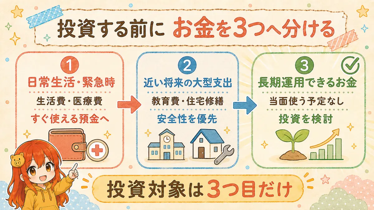 投資前のお金を日常生活・緊急時、近い将来の大型支出、長期運用できるお金の3つに分ける図