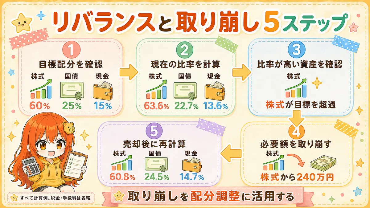 目標配分と現在の比率を比べ、比率が高い資産から取り崩して再計算する5つの手順