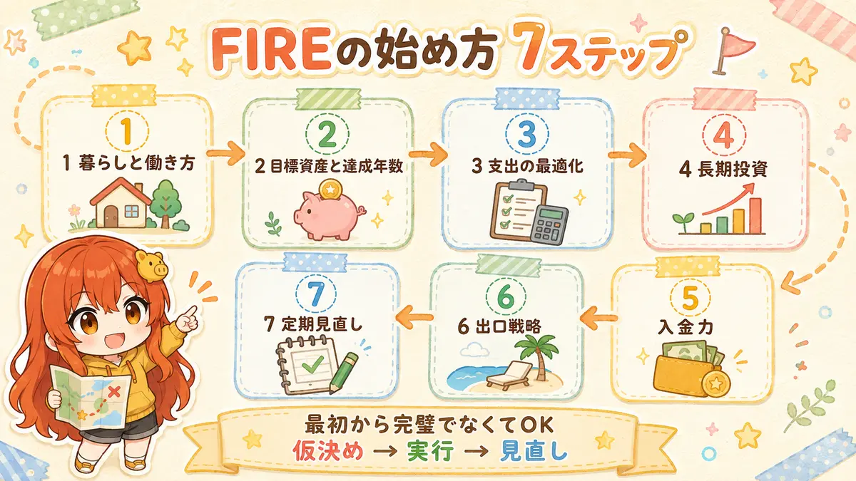 FIREの始め方を暮らしと働き方、目標資産、支出、投資、入金力、出口戦略、見直しの7ステップで示した図