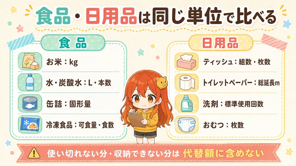 ふるさと納税の食品と日用品をkg、総延長、枚数、使用回数など同じ単位で比べる図