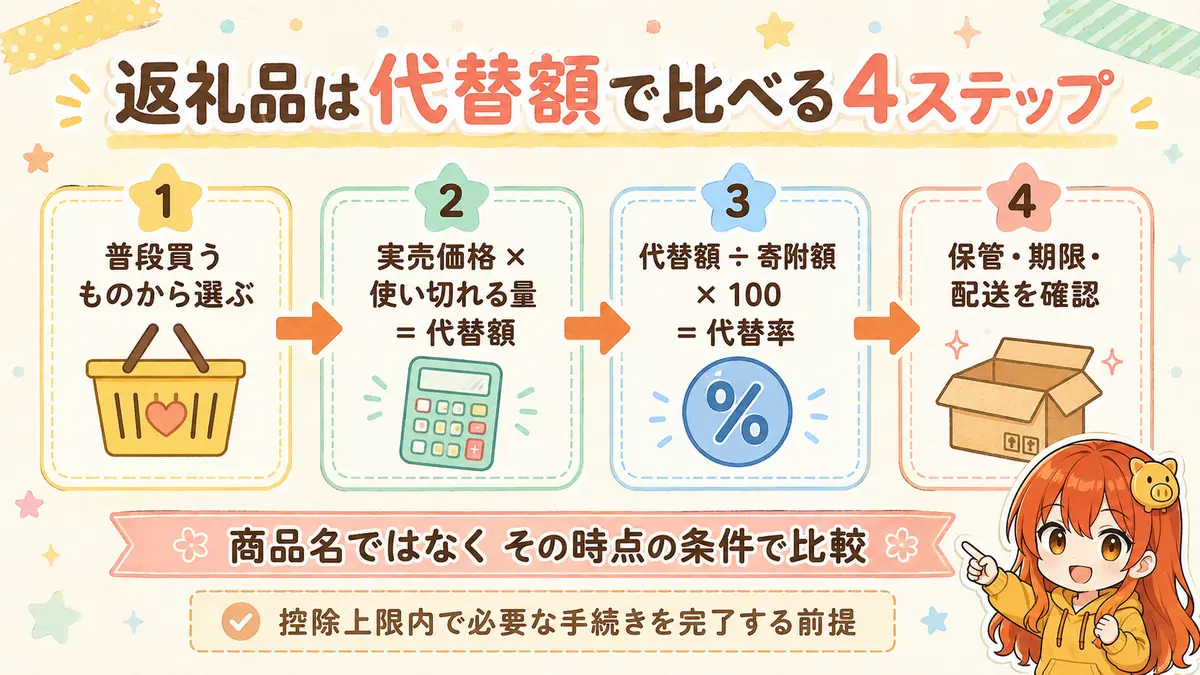 ふるさと納税の返礼品を普段買うもの、代替額、代替率、保管条件の4ステップで選ぶ図