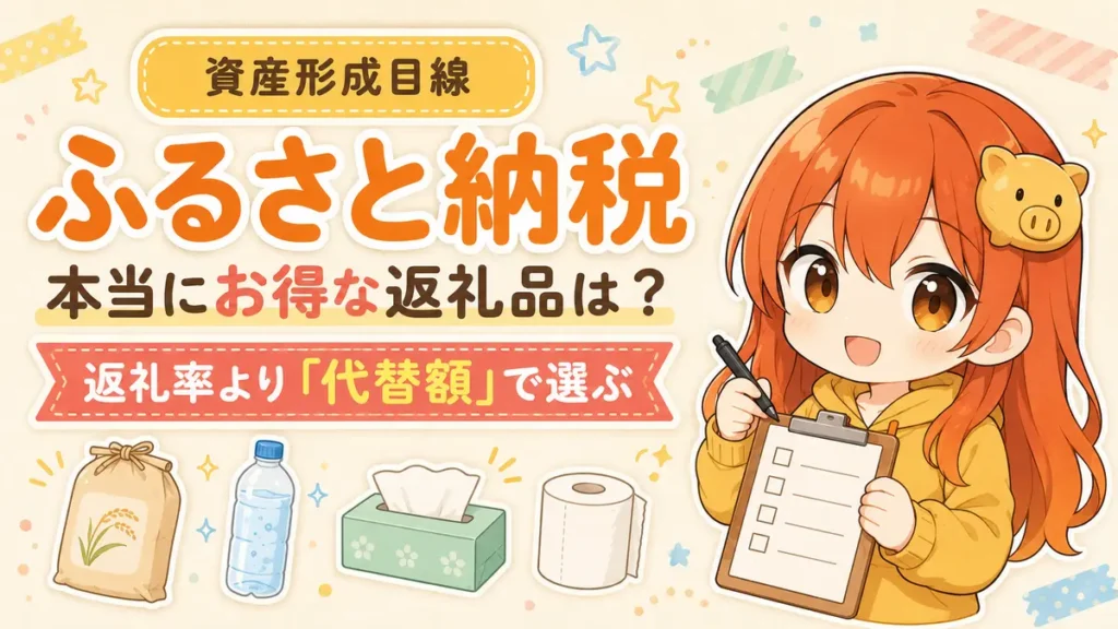 お米や日用品の返礼品を代替額で比べるふるさと納税記事のアイキャッチ