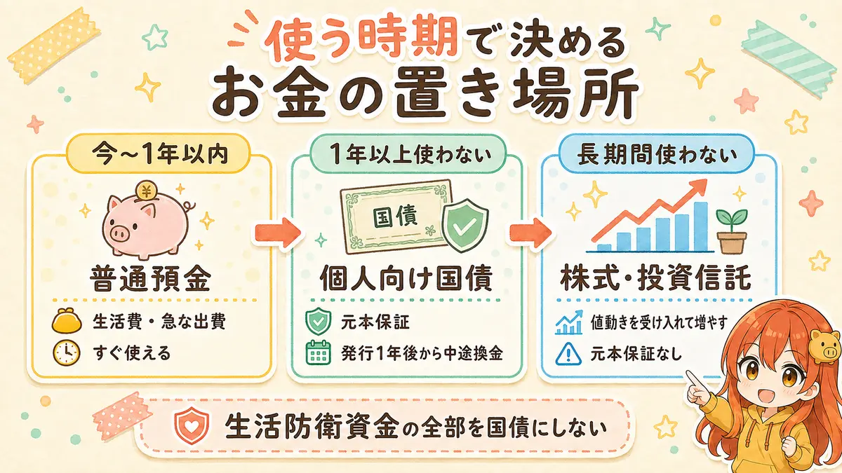 使う時期に応じて普通預金・個人向け国債・株式や投資信託を使い分ける図