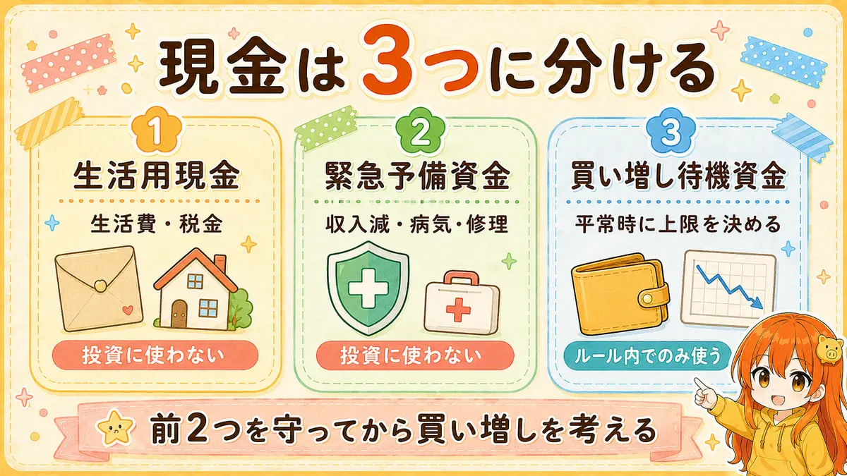 暴落時の買い増し前に現金を生活用、緊急予備、買い増し待機の3つへ分ける図