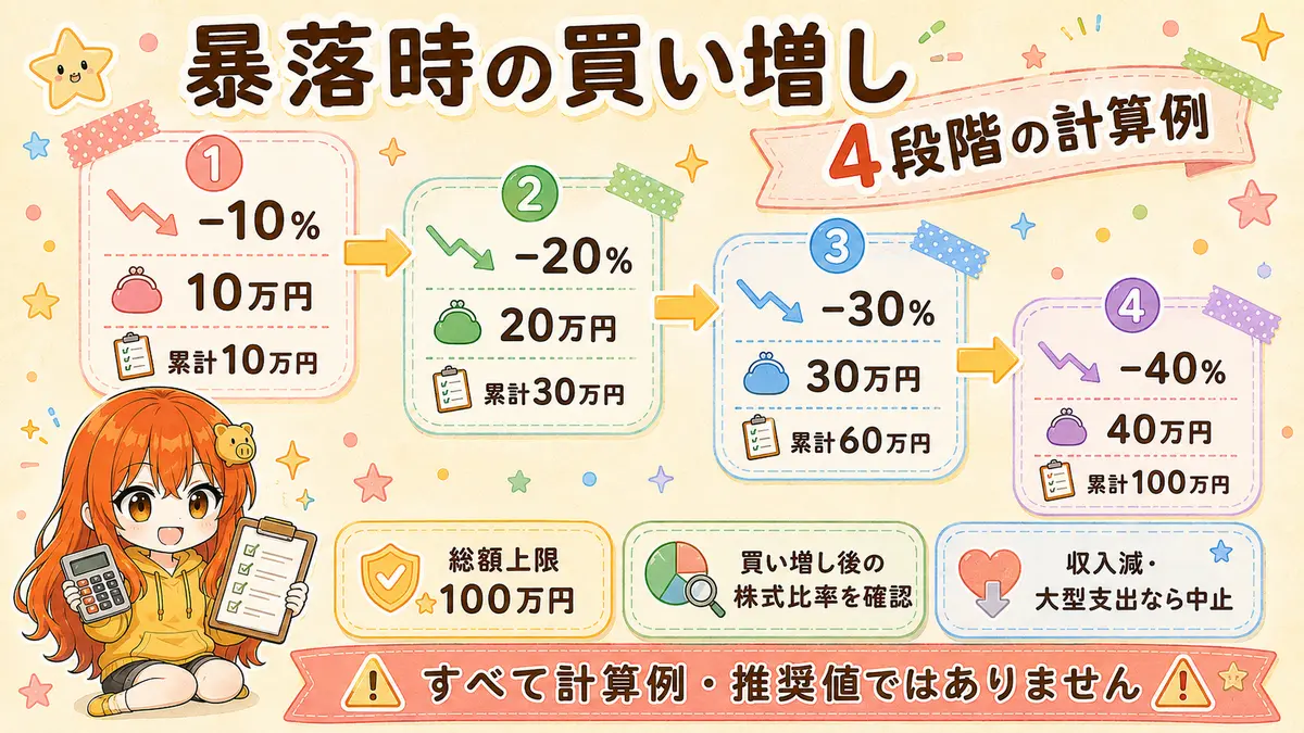 買い増し上限100万円を株価の下落率ごとに4段階へ分ける計算例