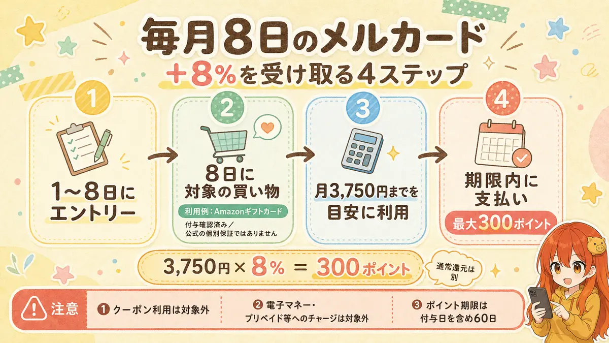 メルカードの毎月8日＋8％特典を受け取る4ステップと上限300ポイントの注意点