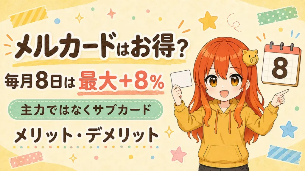 毎月8日の最大＋8％特典とサブカード活用を伝えるメルカード記事のアイキャッチ