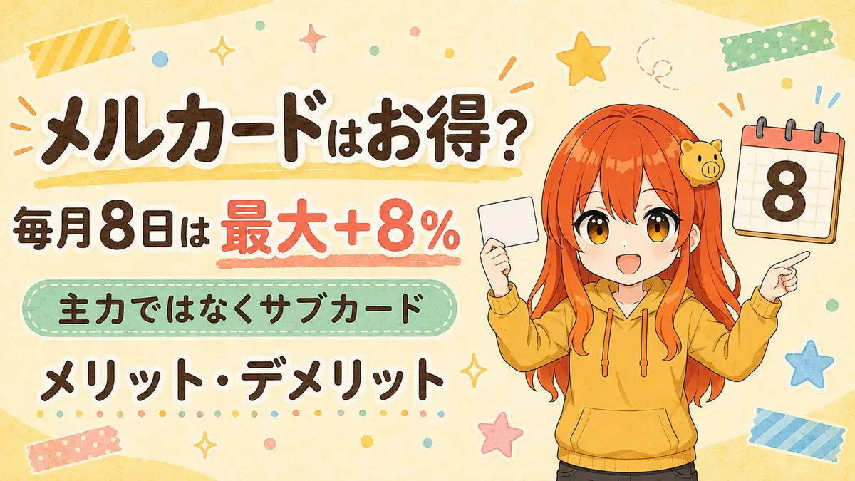 毎月8日の最大＋8％特典とサブカード活用を伝えるメルカード記事のアイキャッチ