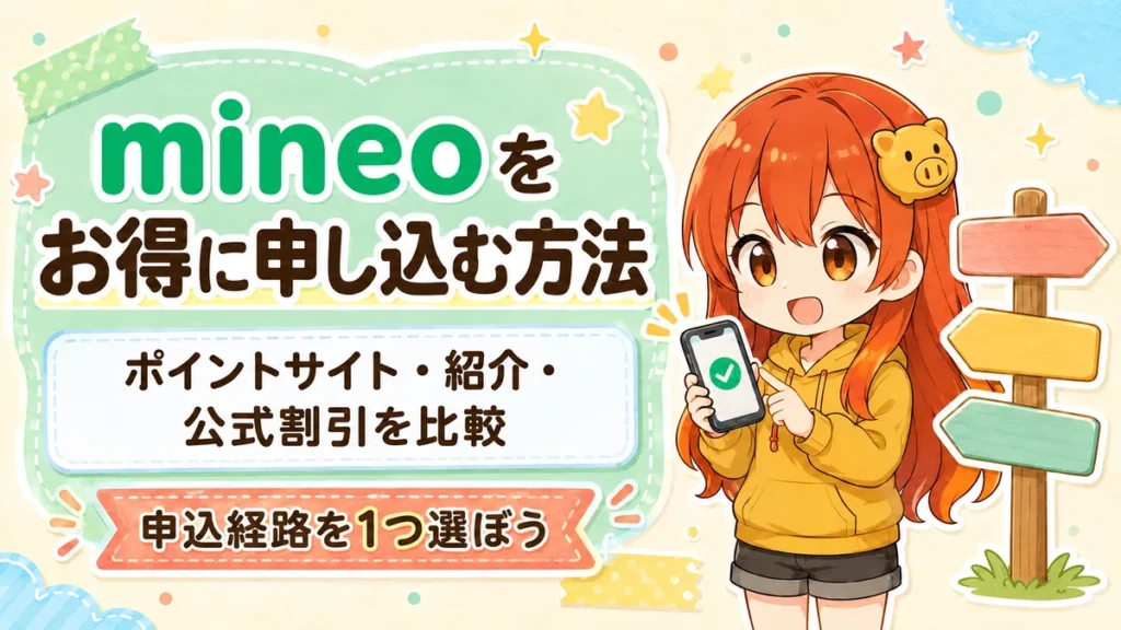 mineoをお得に申し込む方法としてポイントサイト・紹介制度・公式割引を比較する記事のアイキャッチ