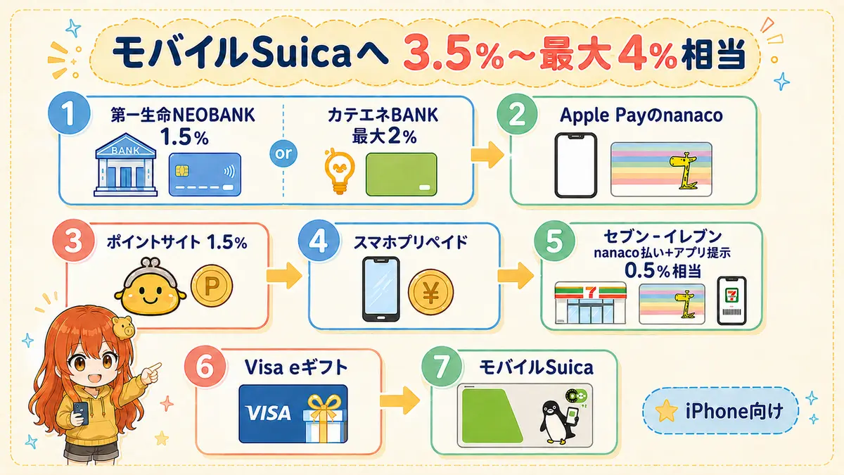 第一生命NEOBANKまたはカテエネBANKからnanaco、ポイントサイト、Visa eギフトを経由してモバイルSuicaへチャージする流れ