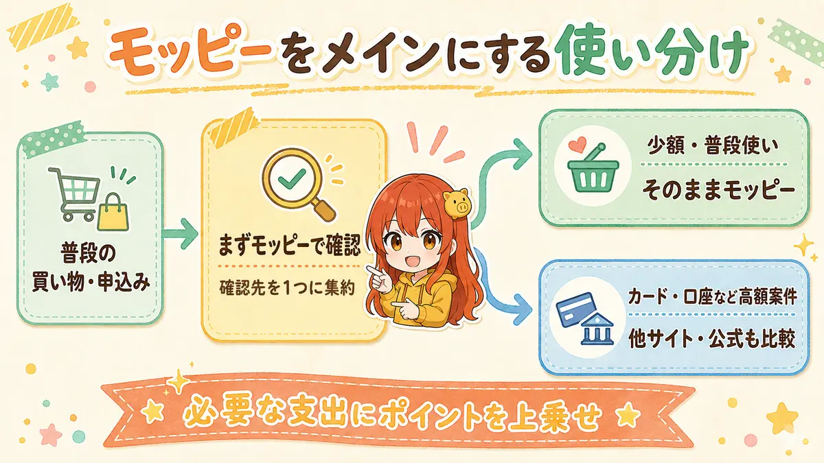 普段の買い物や申込みはモッピーへ集約し、高額案件だけ他のポイントサイトと比較する使い分け