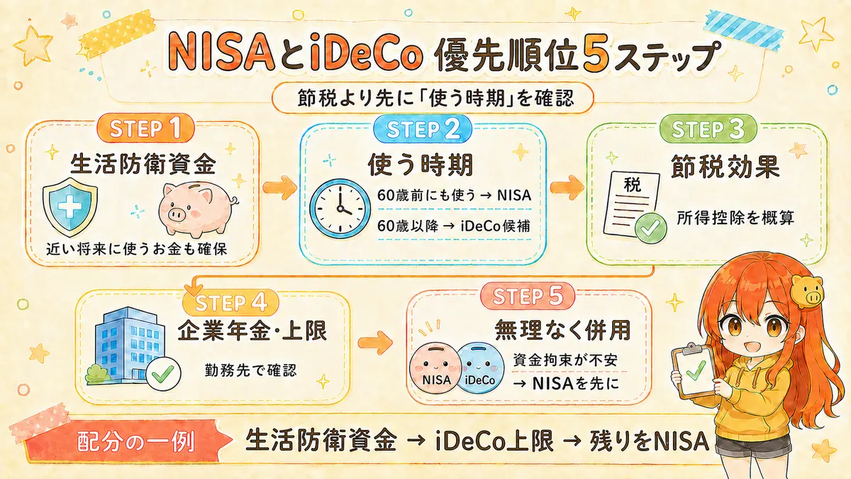 生活防衛資金、使う時期、所得控除、企業年金、残りの投資先からNISAとiDeCoの優先順位を決める5ステップ