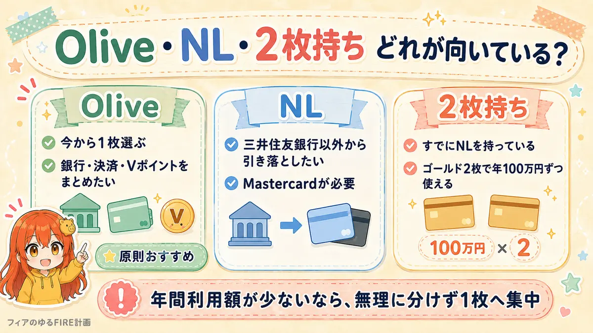 Olive・三井住友カード（NL）・2枚持ちが向いている人を比較した図解