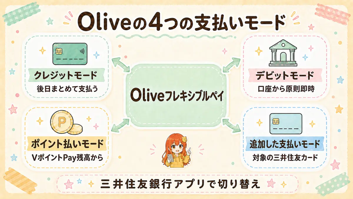 Oliveフレキシブルペイの4つの支払いモードとアプリでの切り替えを示した図解