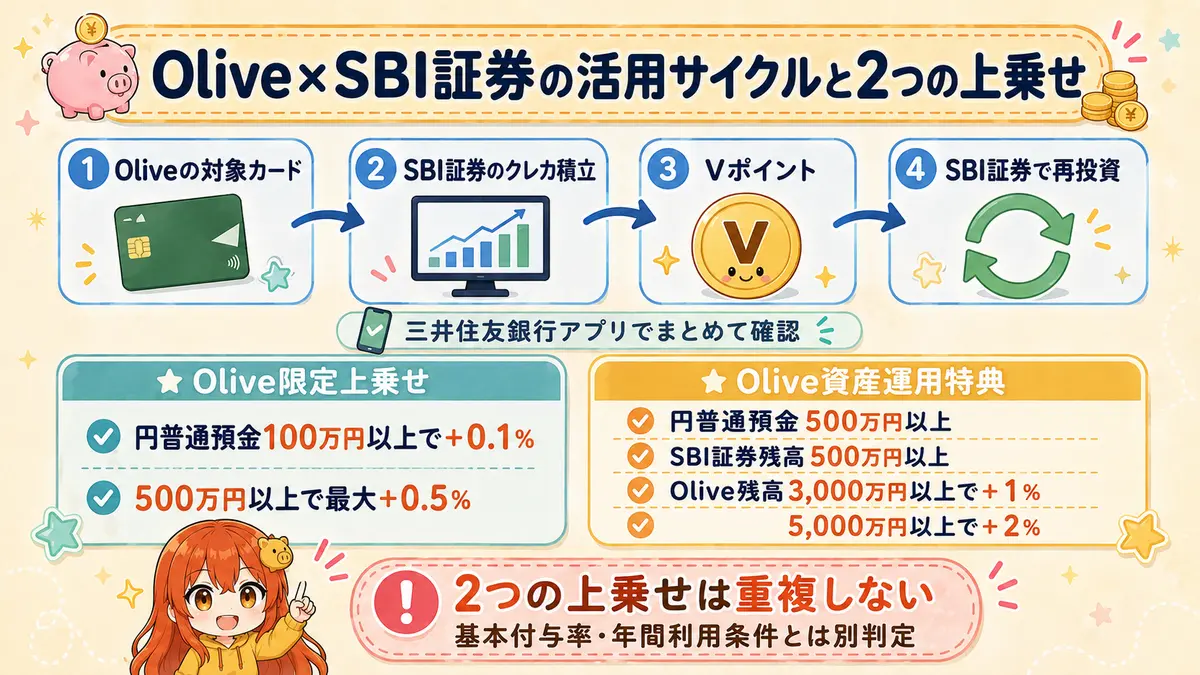 OliveとSBI証券でクレカ積立、Vポイント投資、残高特典を活用する全体像
