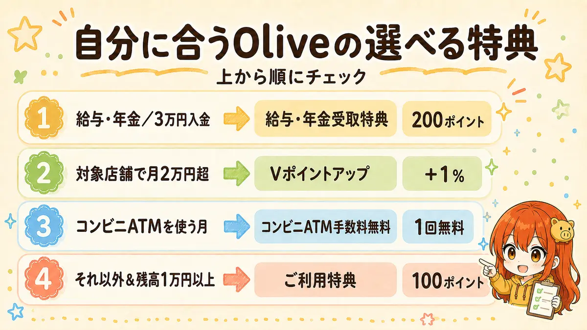 Oliveの選べる特典4種類から自分に合う特典を選ぶ判断フロー