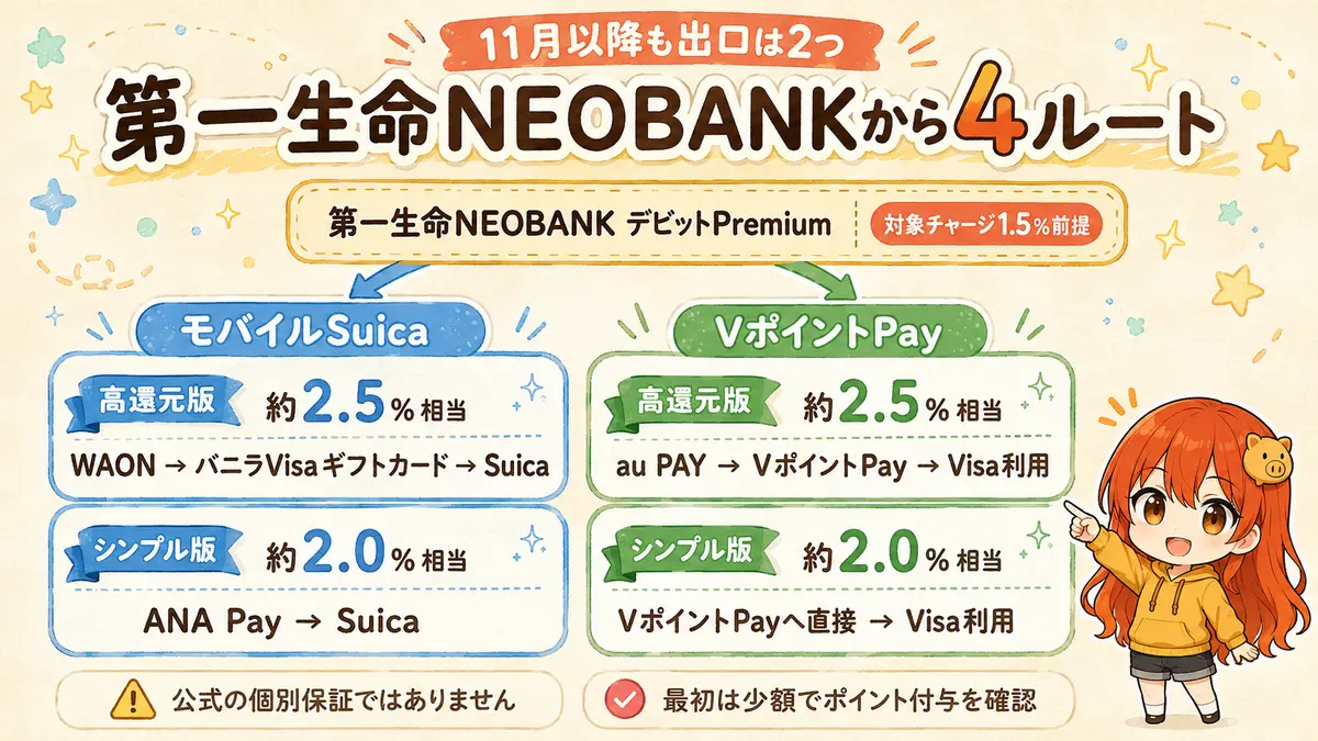第一生命NEOBANKを入口にモバイルSuicaとVポイントPayへ分岐する約2.5%相当・約2.0%相当の4つの決済ルート