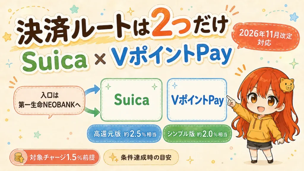 SuicaとVポイントPayの2つの決済ルートを第一生命NEOBANKから使い分ける2026年11月改定対応記事のアイキャッチ