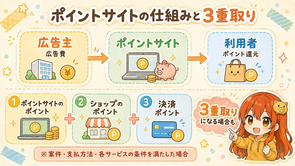 ポイントサイトを経由して買い物や申込みを行い、広告費の一部がポイントとして還元される仕組み