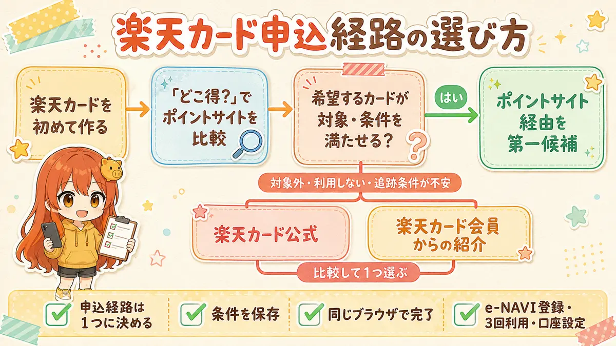 楽天カードをポイントサイト、公式、紹介のどの経路から申し込むか選ぶ流れ