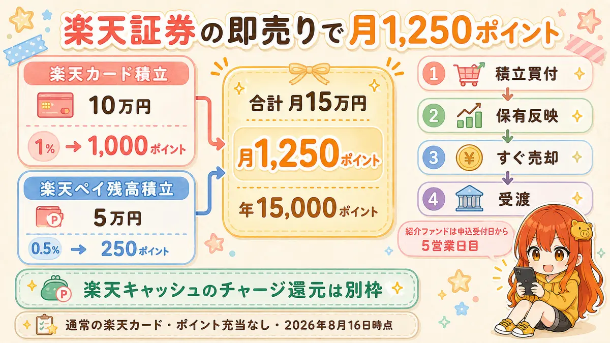 楽天カード積立10万円で1,000ポイント、楽天ペイ残高積立5万円で250ポイントを得て投資信託をすぐ売却する流れ