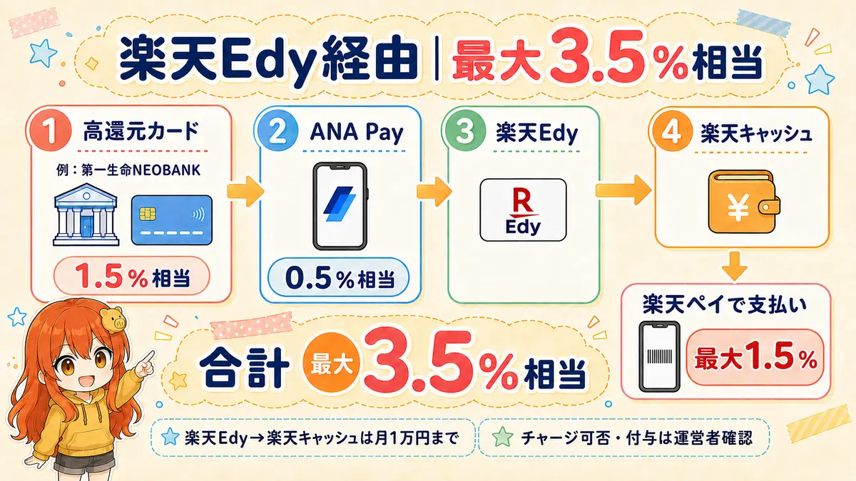 第一生命NEOBANKからANA Pay、楽天Edy、楽天キャッシュを経由して楽天ペイを最大3.5％相当で使うルート