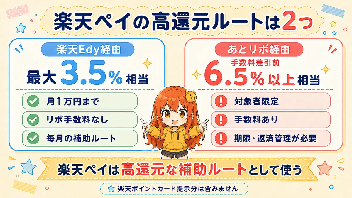 楽天Edy経由の最大3.5％相当と、あとリボ経由の合計6.5％以上相当を比較した図