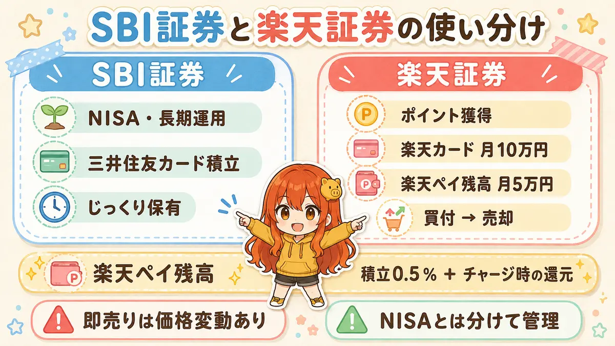 SBI証券をNISAと長期積立、楽天証券を投信積立の即売りによるポイント獲得に使い分ける図解