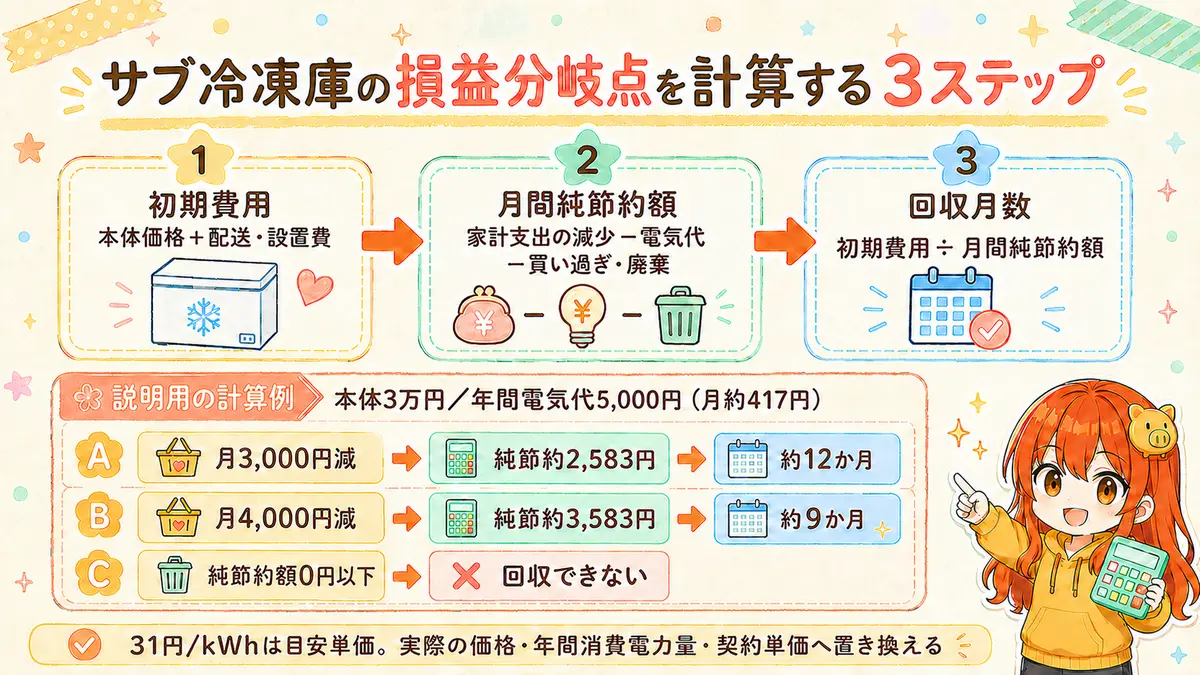 サブ冷凍庫の初期費用、月間純節約額、回収月数と9〜12か月の計算例