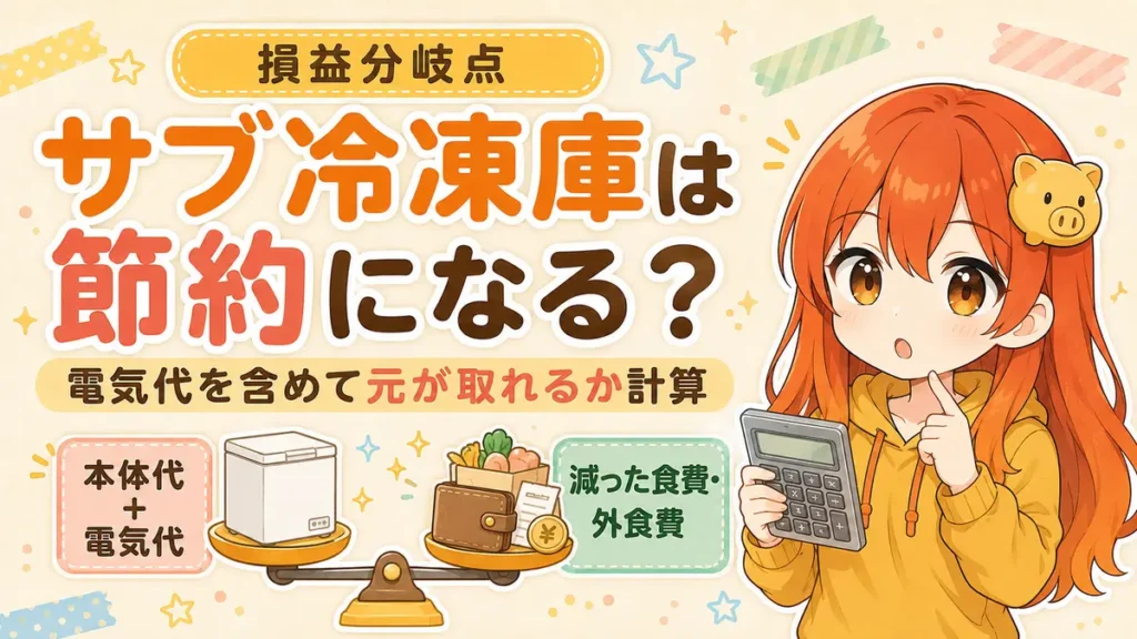 サブ冷凍庫の本体代と電気代を節約額から回収できるか計算するフィアちゃん