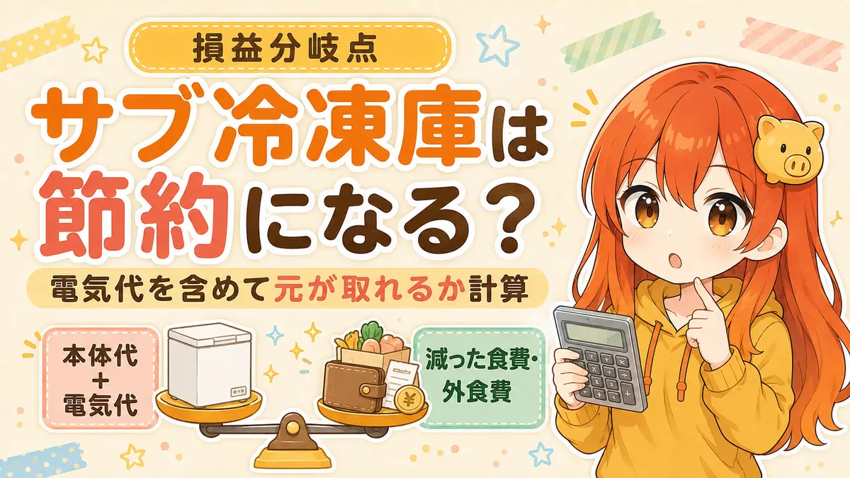 サブ冷凍庫の本体代と電気代を節約額から回収できるか計算するフィアちゃん
