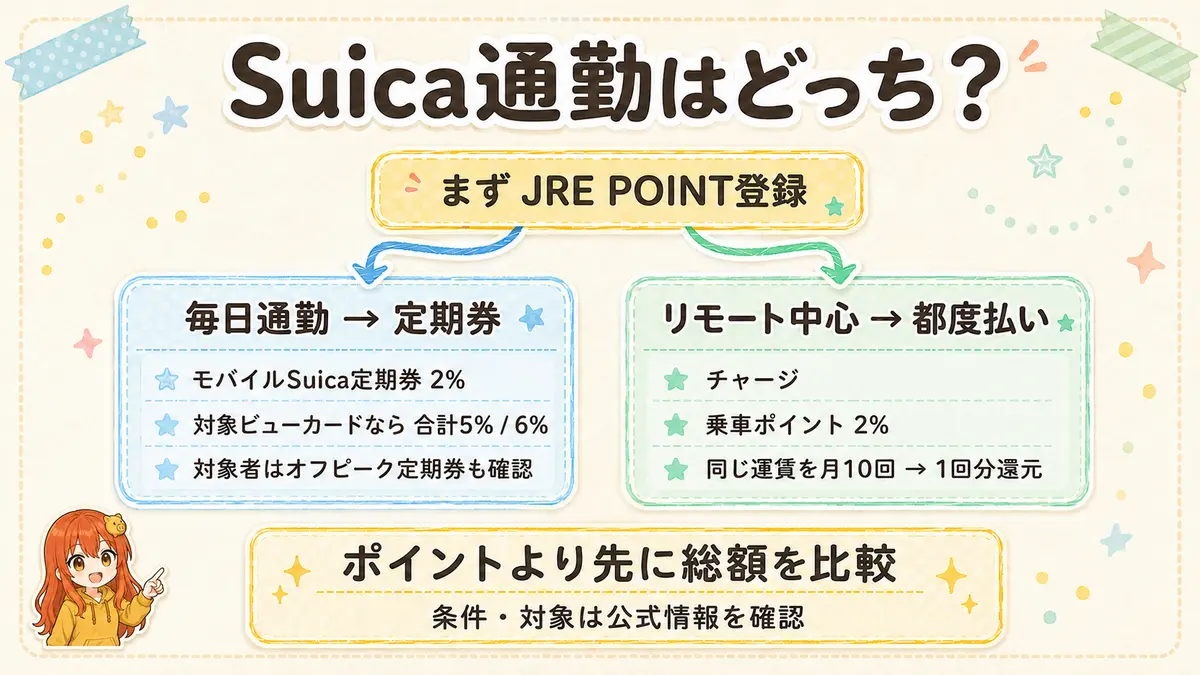 Suica通勤で定期券と都度払いのJRE POINTの貯め方を比較する図解