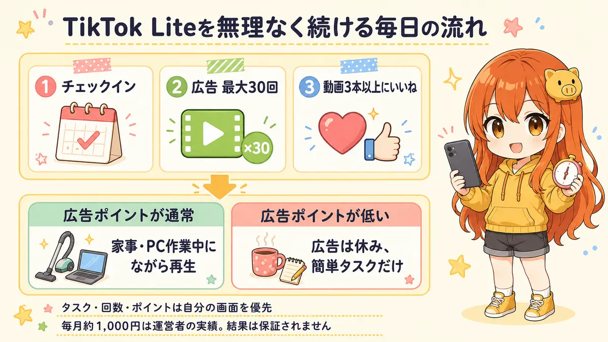 TikTok Liteで毎日行う3つのタスクと広告ポイントが低い日の判断を示す図解