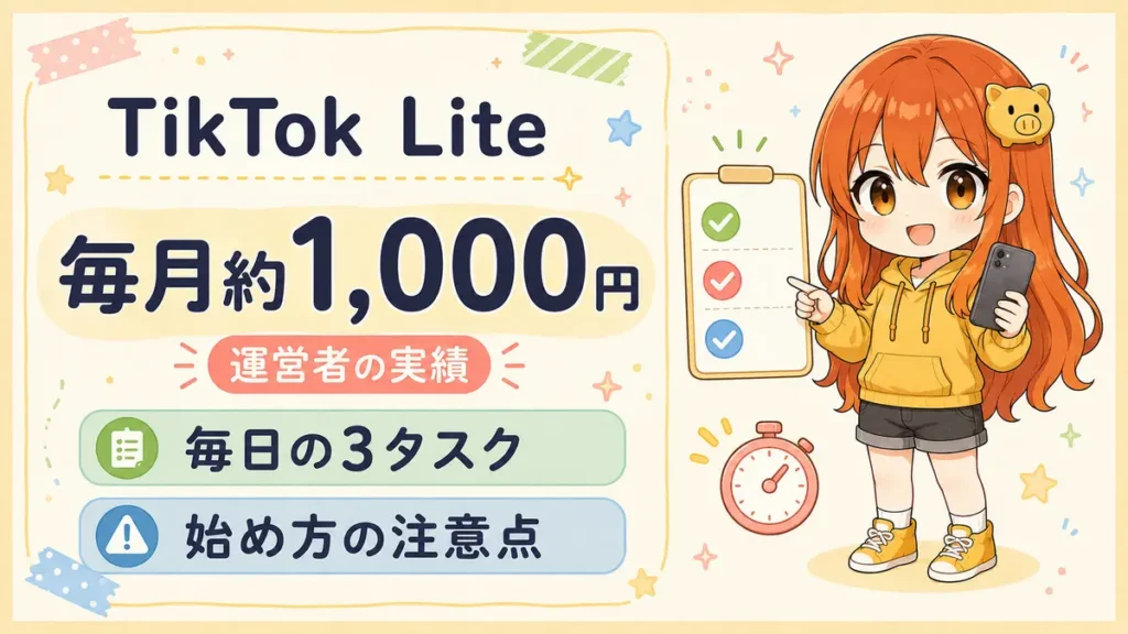 TikTok Liteで毎月約1,000円分を受け取る毎日の3タスクと始め方の注意点を解説する記事のアイキャッチ
