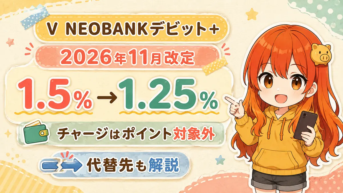V NEOBANKデビット＋の2026年11月改定で1.5％から1.25％になり、チャージがポイント対象外になることを解説する記事のアイキャッチ