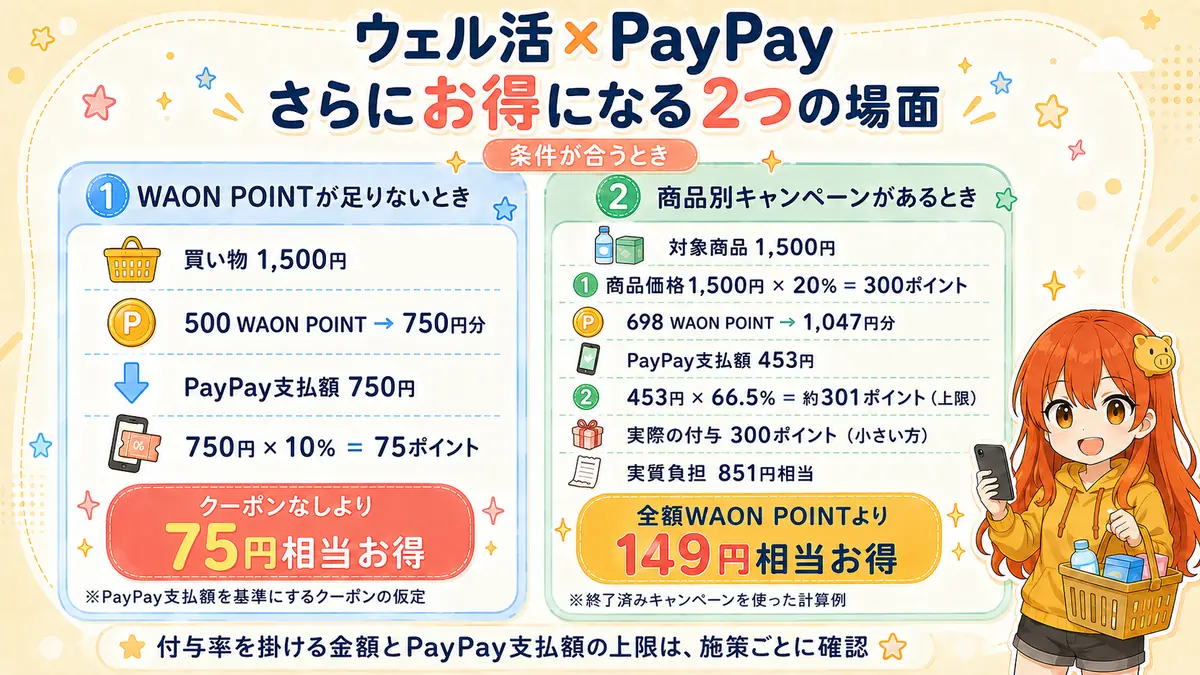 ウェル活でPayPay支払額750円に10％クーポンを使うと75ポイント戻り、商品別キャンペーンでは商品価格1,500円の20％とPayPay支払額453円の66.5％上限を比較する例
