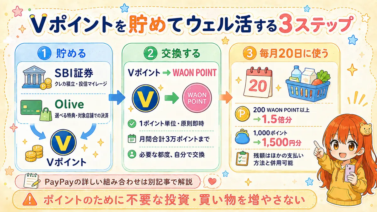 SBI証券やOliveでVポイントを貯め、WAON POINTへ交換し、毎月20日に1.5倍分使う3ステップ